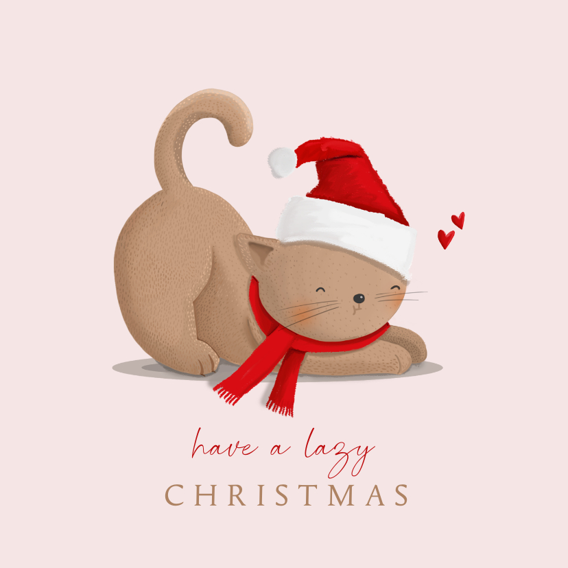 Kerstkaarten - Kerstkaart bruinrode kat met kerstmuts