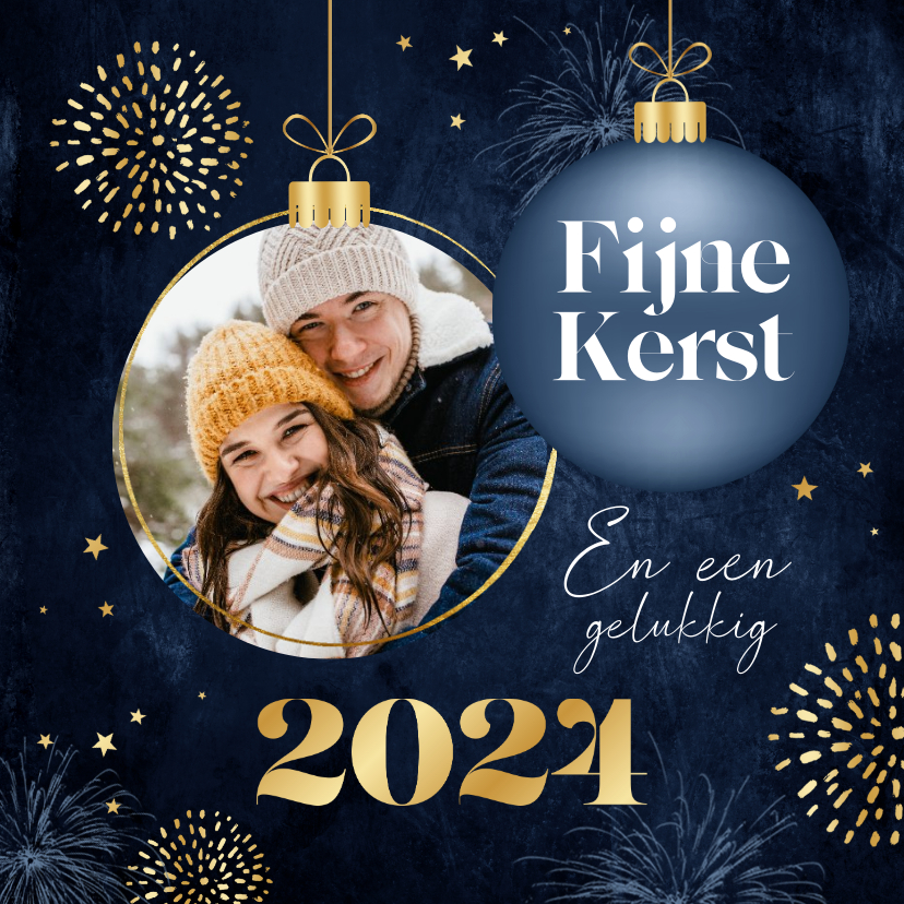 Kerstkaart chique fijne kerst goud kerstbal foto sterren - Kerstkaarten Kerstkaarten - Kerstkaart chique fijne kerst goud kerstbal foto sterren