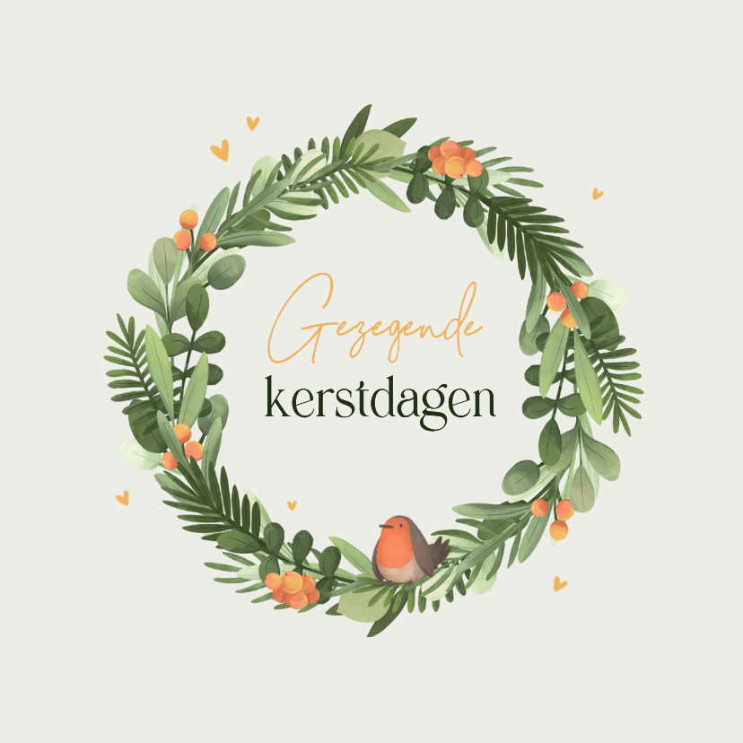 Kerstkaarten - Kerstkaart christelijk kerstkrans roodborstje hartjes 