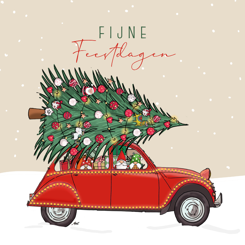 Kerstkaarten - Kerstkaart Citroën 2cv rood met kerstboom