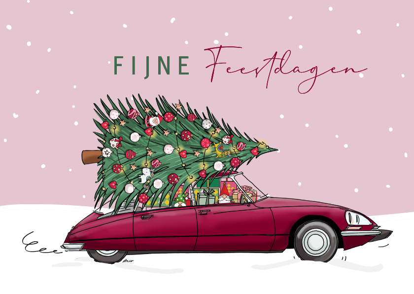 Kerstkaarten - Kerstkaart Citroen DS bordeaux rood met kerstboom