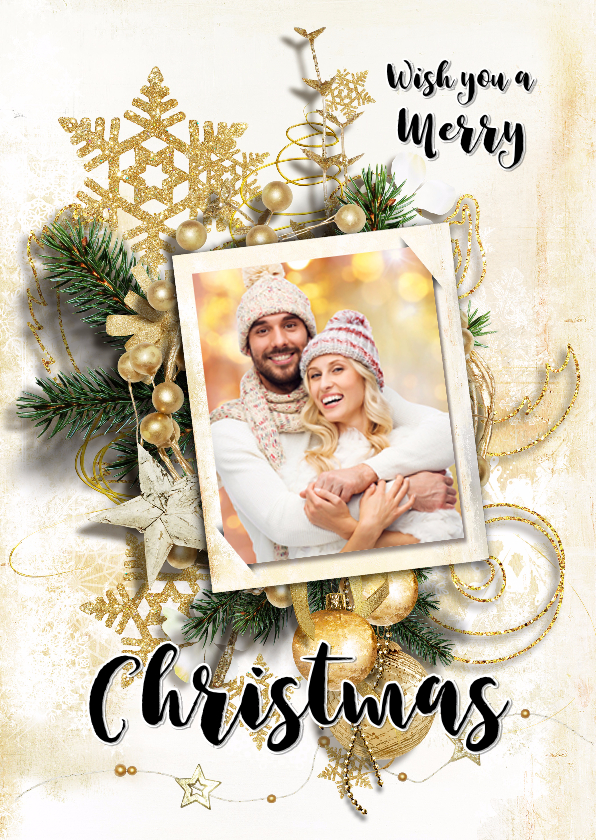 Kerstkaart collage scrapbook staand goudtinten - Kerstkaarten Kerstkaarten - Kerstkaart collage scrapbook staand goudtinten