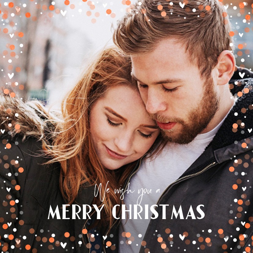 Kerstkaart confetti foto met hartjes en blaadjes - Kerstkaarten Kerstkaarten - Kerstkaart confetti foto met hartjes en blaadjes