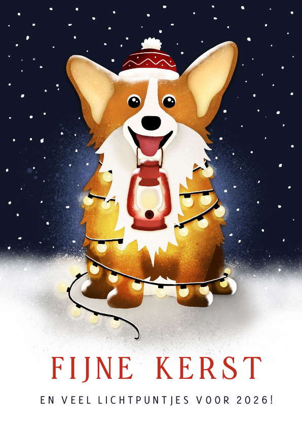 Kerstkaart Corgi hond met kerstlampjes in de nacht - Kerstkaarten Kerstkaarten - Kerstkaart Corgi hond met kerstlampjes in de nacht