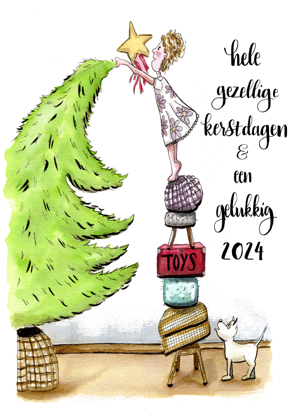 Kerstkaart de boom wordt opgetuigd - Kerstkaarten Kerstkaarten - Kerstkaart de boom wordt opgetuigd