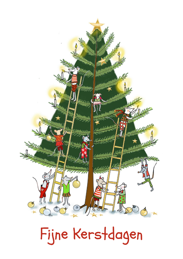Kerstkaarten - Kerstkaart de muisjes versieren de kerstboom