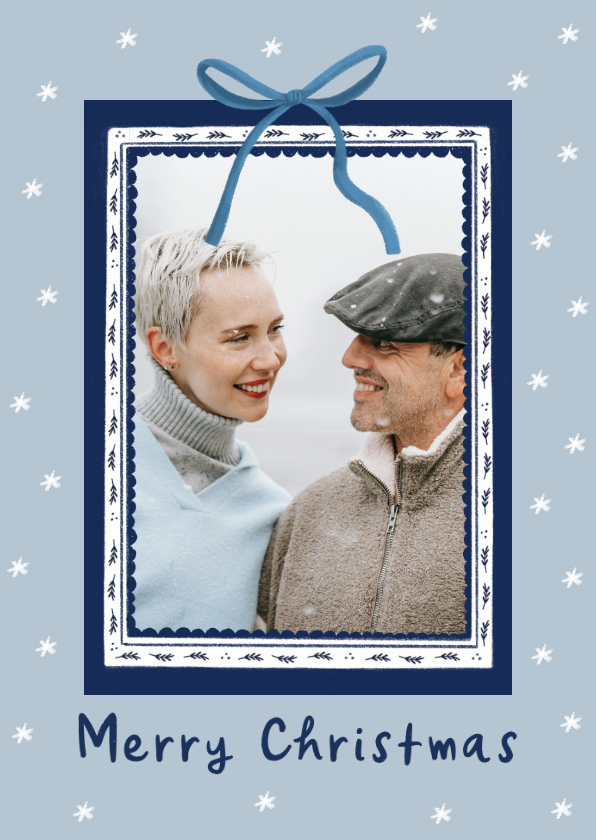 Kerstkaart Delfts blauw foto kader en strik - Kerstkaarten Kerstkaarten - Kerstkaart Delfts blauw foto kader en strik