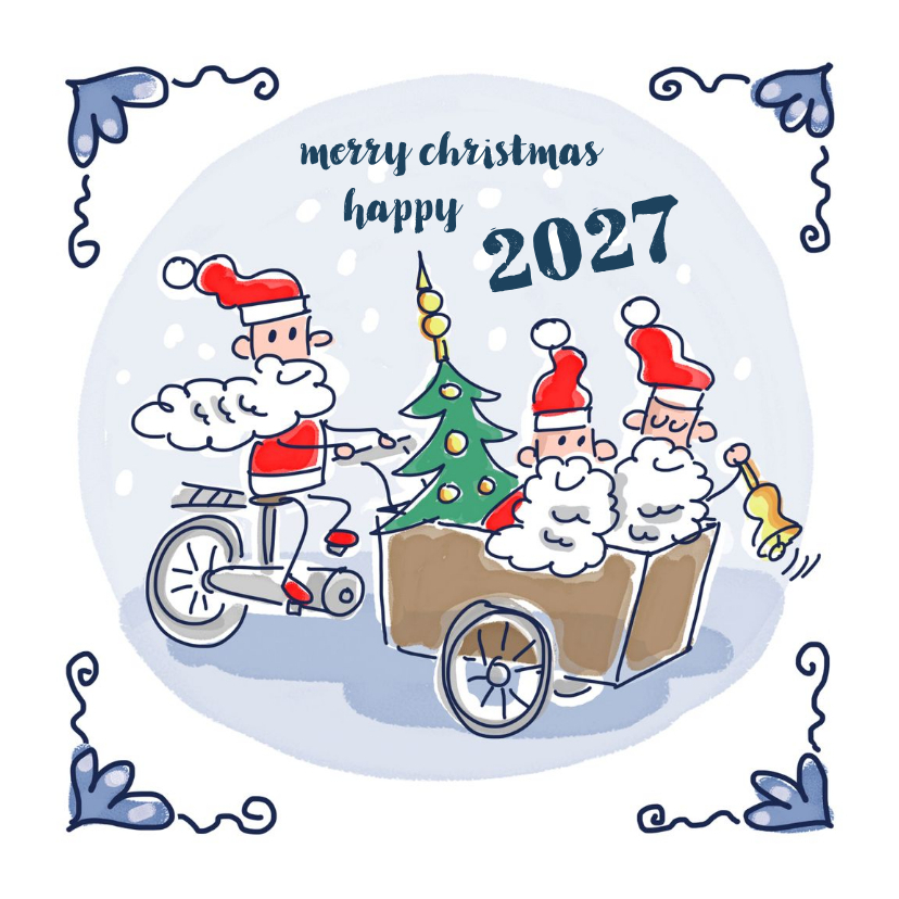 Kerstkaart Delfts blauw tegeltje met kerstmannen op bakfiets - Kerstkaarten Kerstkaarten - Kerstkaart Delfts blauw tegeltje met kerstmannen op bakfiets