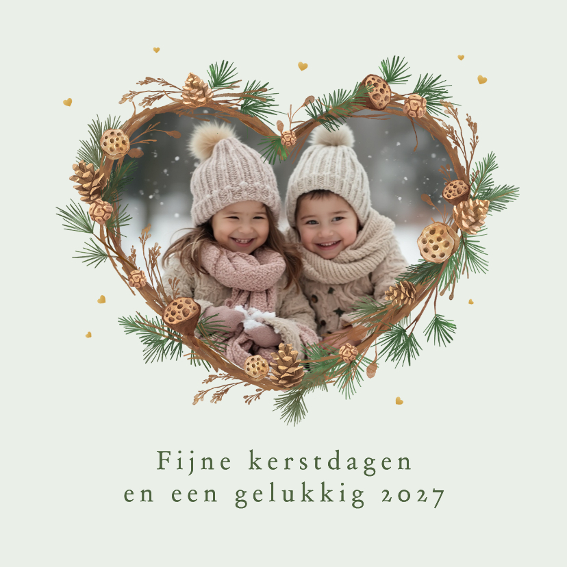 Kerstkaart dennentakjes foto hartvorm hartjes natuurlijk - Kerstkaarten Kerstkaarten - Kerstkaart dennentakjes foto hartvorm hartjes natuurlijk