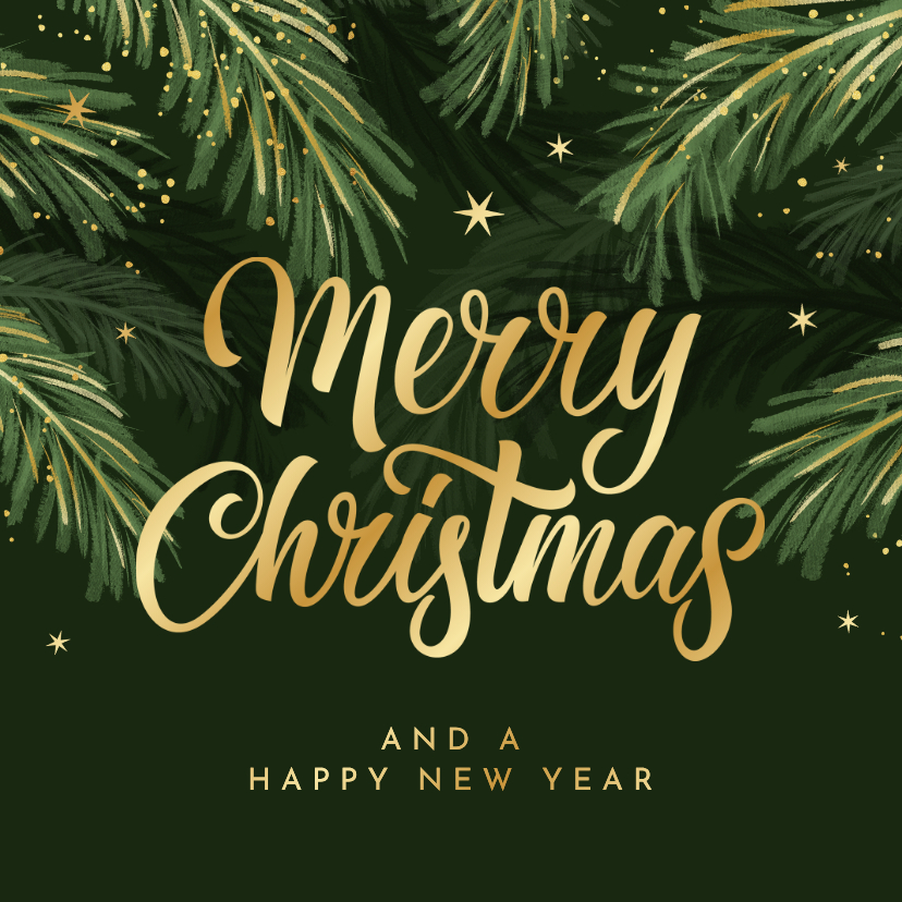 Kerstkaarten - Kerstkaart dennentakken goud merry christmas