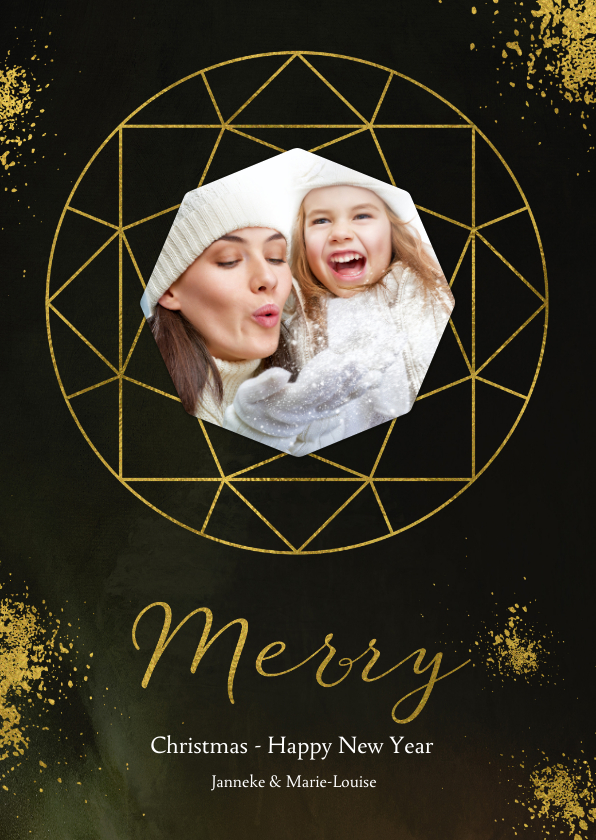 Kerstkaart diamantvorm goud en goudspetters met eigen foto - Kerstkaarten Kerstkaarten - Kerstkaart diamantvorm goud en goudspetters met eigen foto