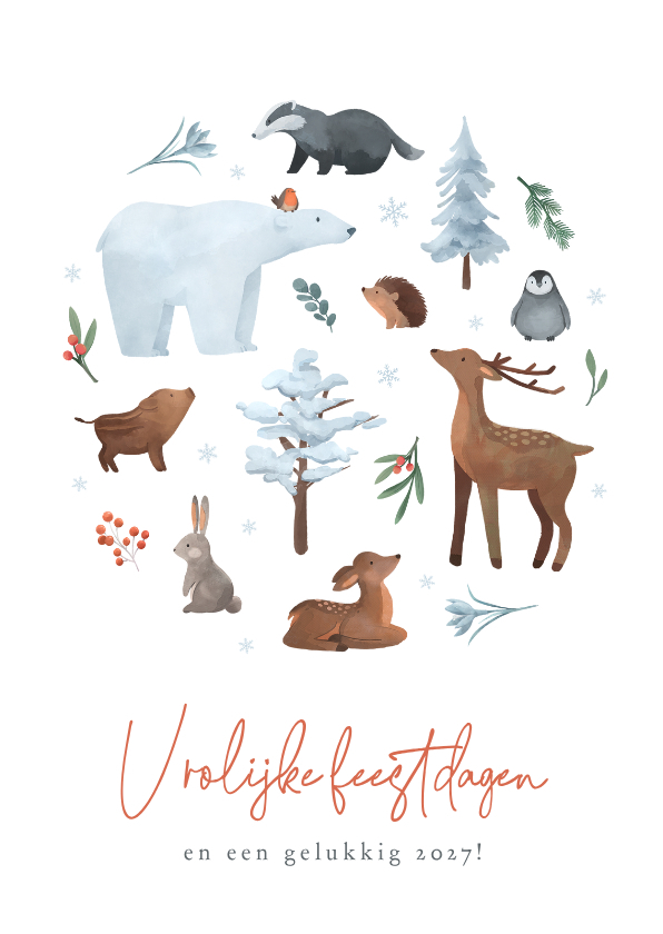 Kerstkaart dieren schattig winter vrolijke feestdagen - Kerstkaarten Kerstkaarten - Kerstkaart dieren schattig winter vrolijke feestdagen