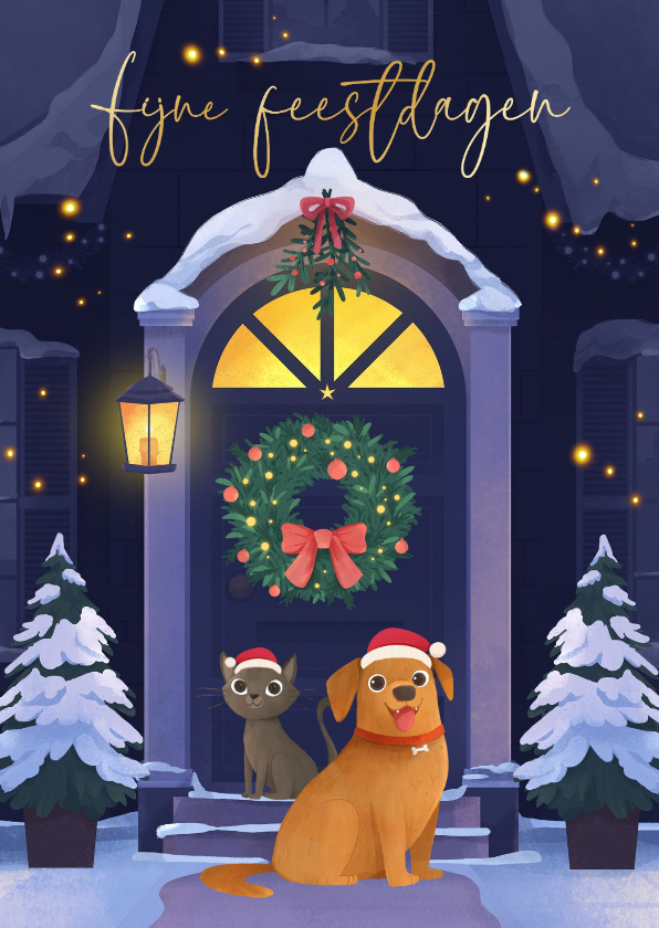 Kerstkaart dieren voordeur kersthuis krans maretak - Kerstkaarten Kerstkaarten - Kerstkaart dieren voordeur kersthuis krans maretak