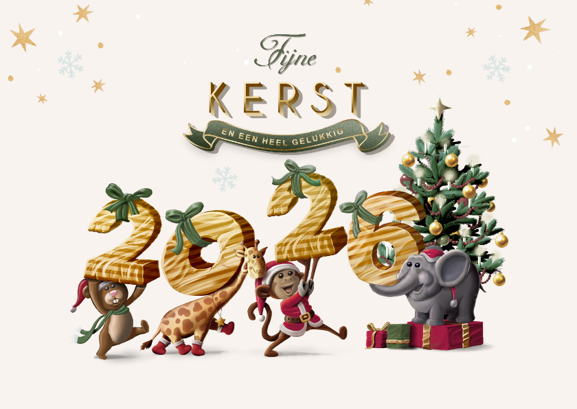 Kerstkaarten - Kerstkaart diertjes jaartal als pakjes op weg naar kerstboom