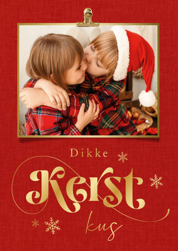 Kerstkaart dikke kerstkus goud sneeuwvlokken rood foto - Kerstkaarten Kerstkaarten - Kerstkaart dikke kerstkus goud sneeuwvlokken rood foto