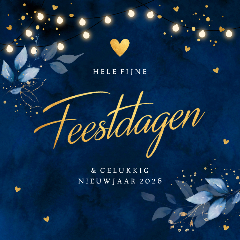 Kerstkaart donkerblauw botanisch bladeren lampjes goudlook - Kerstkaarten Kerstkaarten - Kerstkaart donkerblauw botanisch bladeren lampjes goudlook