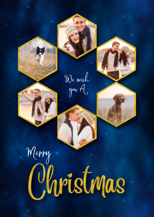 Kerstkaart donkere sterrenhemel hexagon fotocollage goud - Kerstkaarten Kerstkaarten - Kerstkaart donkere sterrenhemel hexagon fotocollage goud