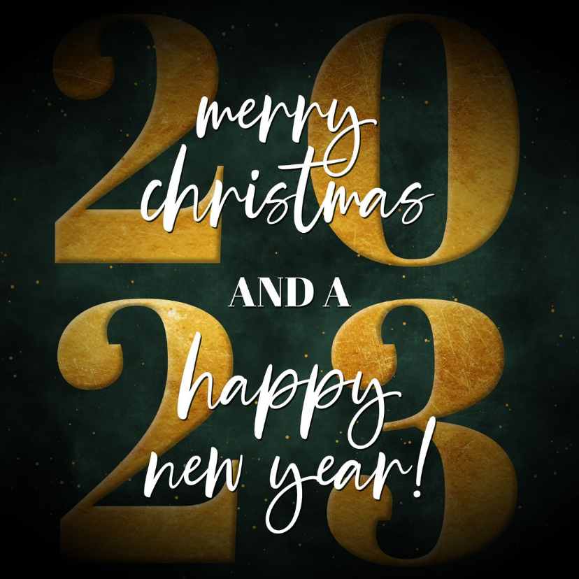 Kerstkaart donkergroen 2023 met spetters - Kerstkaarten Kerstkaarten - Kerstkaart donkergroen 2023 met spetters