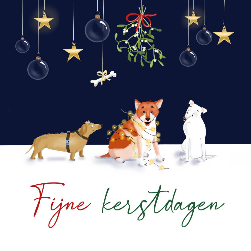 Kerstkaart drie hondjes vieren kerstmis - Kerstkaarten Kerstkaarten - Kerstkaart drie hondjes vieren kerstmis