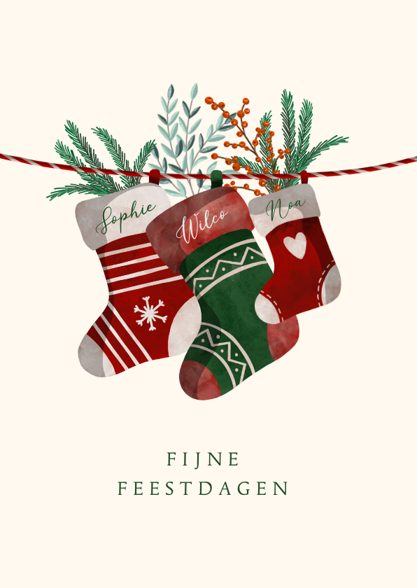 Kerstkaart drie kerstsokken met namen en twijgjes - Kerstkaarten Kerstkaarten - Kerstkaart drie kerstsokken met namen en twijgjes