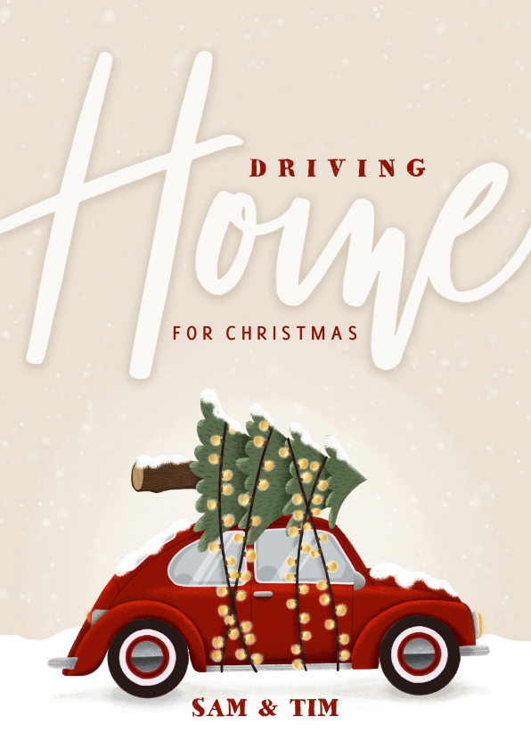 Kerstkaarten - Kerstkaart driving home for Christmas met auto en kerstboom