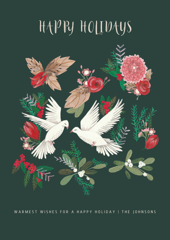 Kerstkaart duiven en botanisch bloemen - Kerstkaarten Kerstkaarten - Kerstkaart duiven en botanisch bloemen