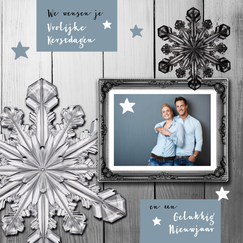 Kerstkaart eigen foto blauwgrijs hout met lijst - Kerstkaarten Kerstkaarten - Kerstkaart eigen foto blauwgrijs hout met lijst
