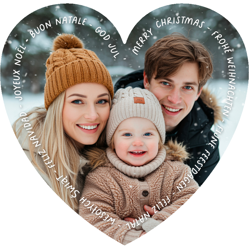 Kerstkaarten - Kerstkaart eigen foto hartvorm - internationale kerstwensen