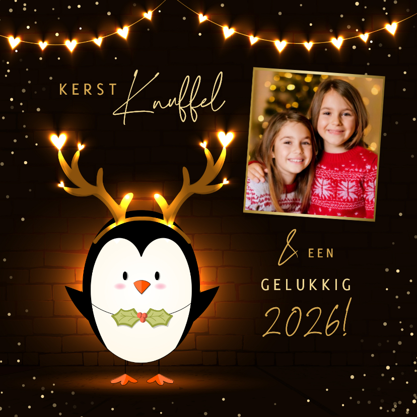 Kerstkaarten - Kerstkaart eigen foto knuffel lichtgevende hartjes pinguïn