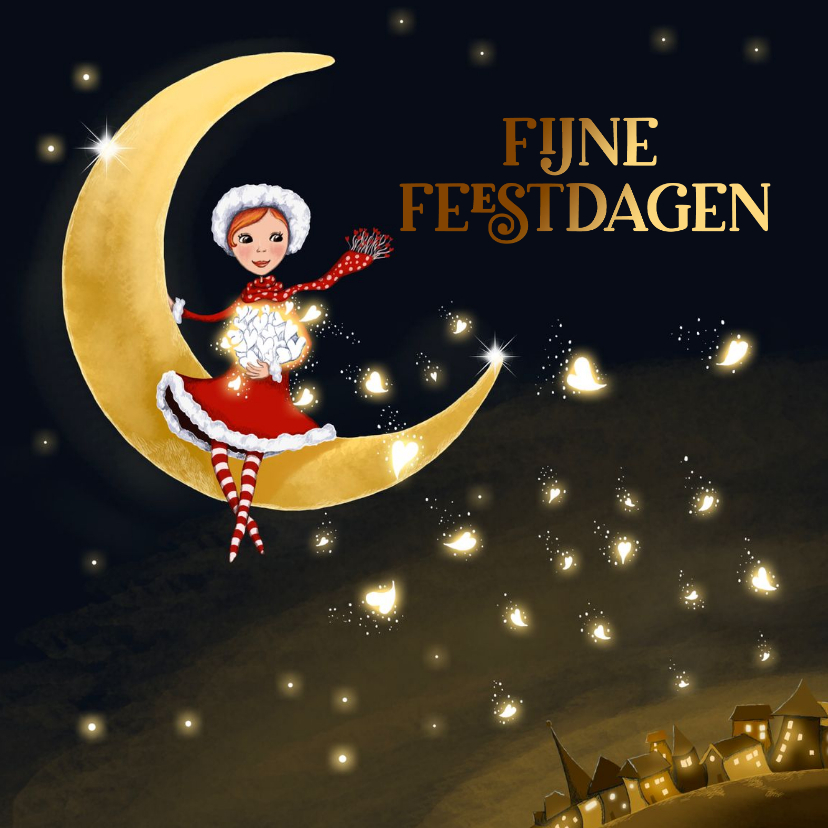 Kerstkaart elf op maan boven dorpje met sprankelende hartjes - Kerstkaarten Kerstkaarten - Kerstkaart elf op maan boven dorpje met sprankelende hartjes