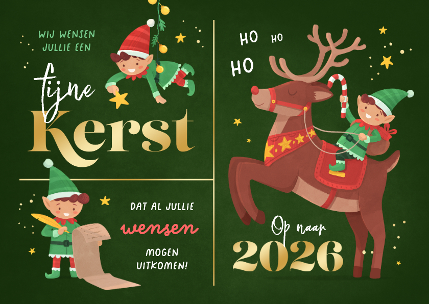 Kerstkaarten - Kerstkaart elfjes van de kerstman vrolijk illustratie kerst