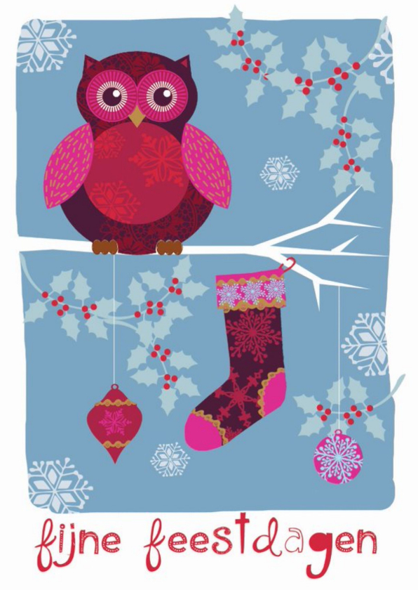 Kerstkaart feestdagen kaart met uil op een tak - Kerstkaarten Kerstkaarten - Kerstkaart feestdagen kaart met uil op een tak