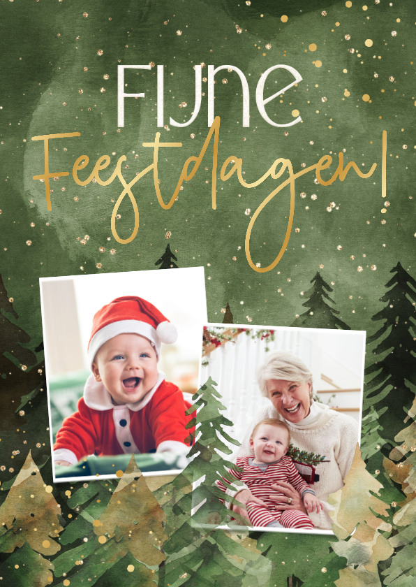 Kerstkaarten - Kerstkaart 'Fijne Feestdagen' kerstbomen goud twee foto's