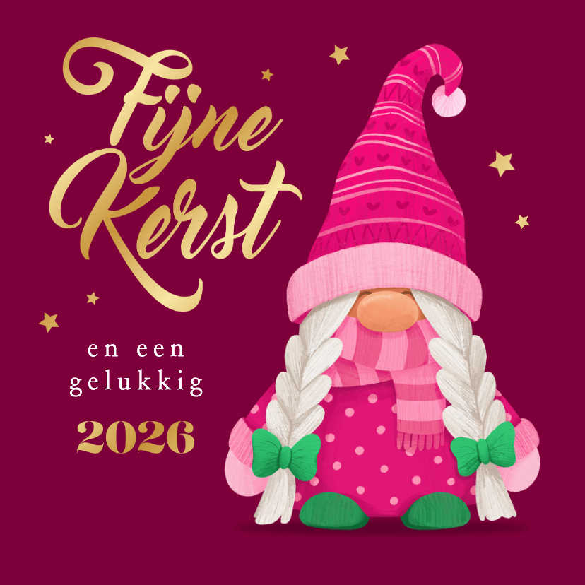 Kerstkaarten - Kerstkaart fijne kerst vrouwelijke kabouter goud 2026