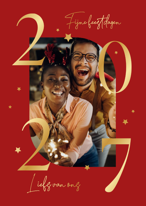 Kerstkaart foto 2027 goud sterretjes fijne feestdagen - Kerstkaarten Kerstkaarten - Kerstkaart foto 2027 goud sterretjes fijne feestdagen