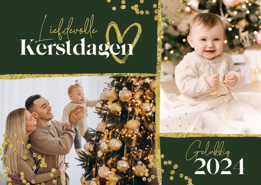 Kerstkaarten - Kerstkaart foto goud confetti hartje fijne kerstdagen 2024