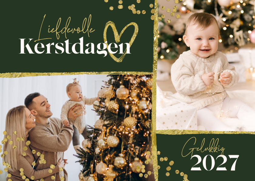 Kerstkaarten - Kerstkaart foto goud confetti hartje fijne kerstdagen 2027