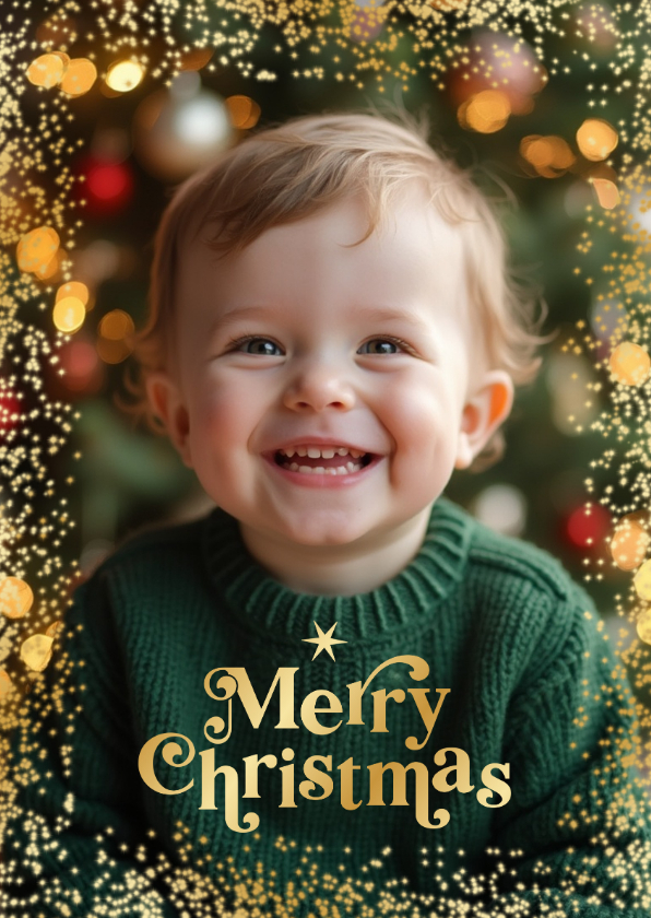 Kerstkaart foto groot merry christmas goud sprankelend - Kerstkaarten Kerstkaarten - Kerstkaart foto groot merry christmas goud sprankelend