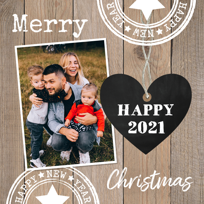 Kerstkaart foto hartje krijtbord houtprint - Kerstkaarten Kerstkaarten - Kerstkaart foto hartje krijtbord houtprint