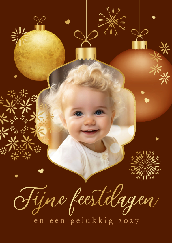 Kerstkaart foto kerstballen goud vuurwerk hartjes - Kerstkaarten Kerstkaarten - Kerstkaart foto kerstballen goud vuurwerk hartjes