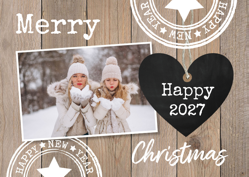 Kerstkaart foto krijtbord hartje houtlook - Kerstkaarten Kerstkaarten - Kerstkaart foto krijtbord hartje houtlook