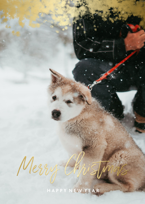 Kerstkaarten - Kerstkaart foto met gouden randje en 'Merry Christmas'