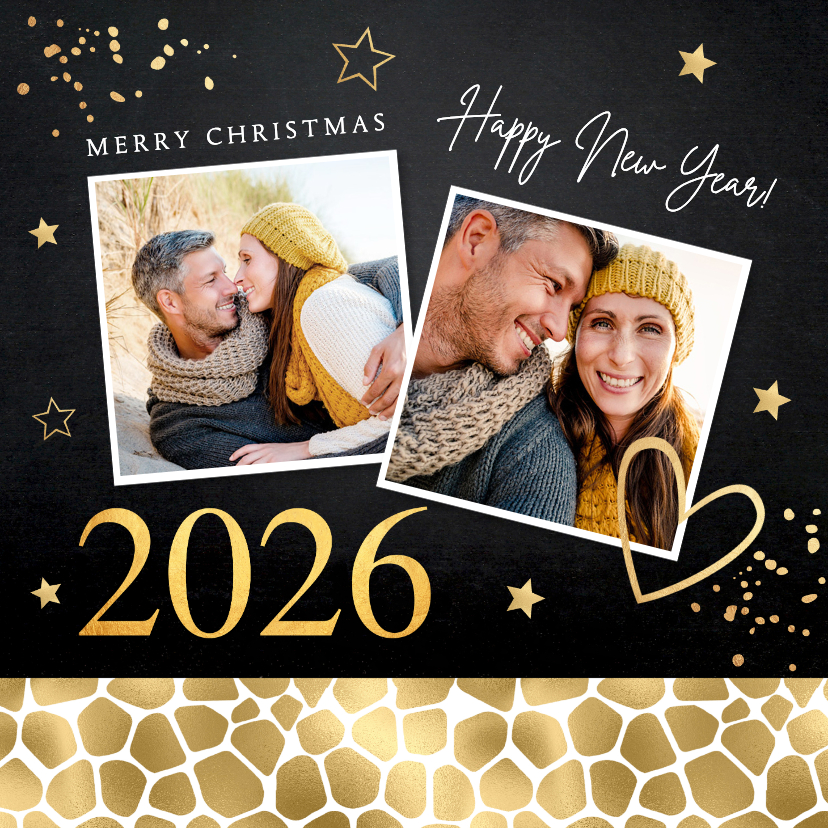 Kerstkaart foto panterprint sterren confetti goudlook 2026 - Kerstkaarten Kerstkaarten - Kerstkaart foto panterprint sterren confetti goudlook 2026