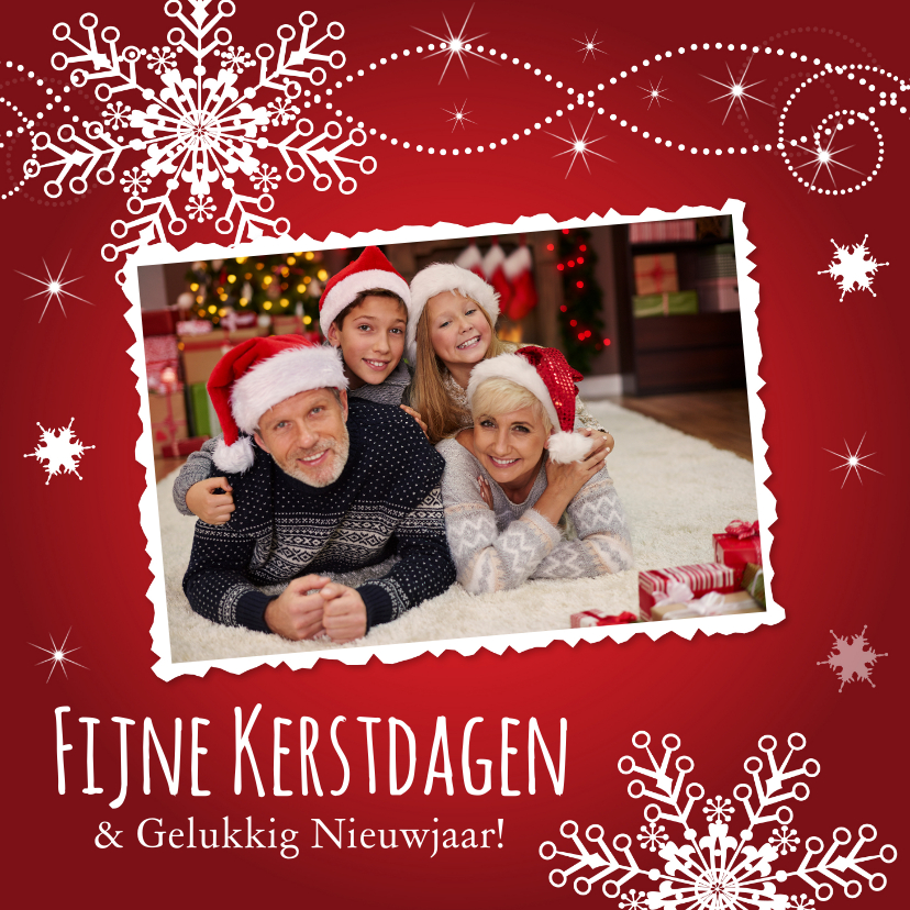 Kerstkaart foto rood sneeuwvlokken Kaartje2go