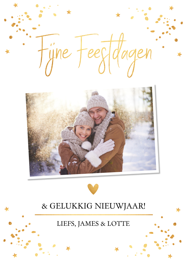 Kerstkaarten - Kerstkaart foto wit goudlook confetti