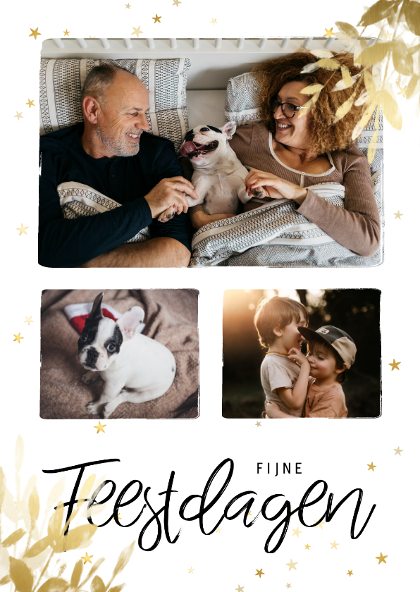 Kerstkaart fotocollage botanisch goud met sterren - Kerstkaarten Kerstkaarten - Kerstkaart fotocollage botanisch goud met sterren