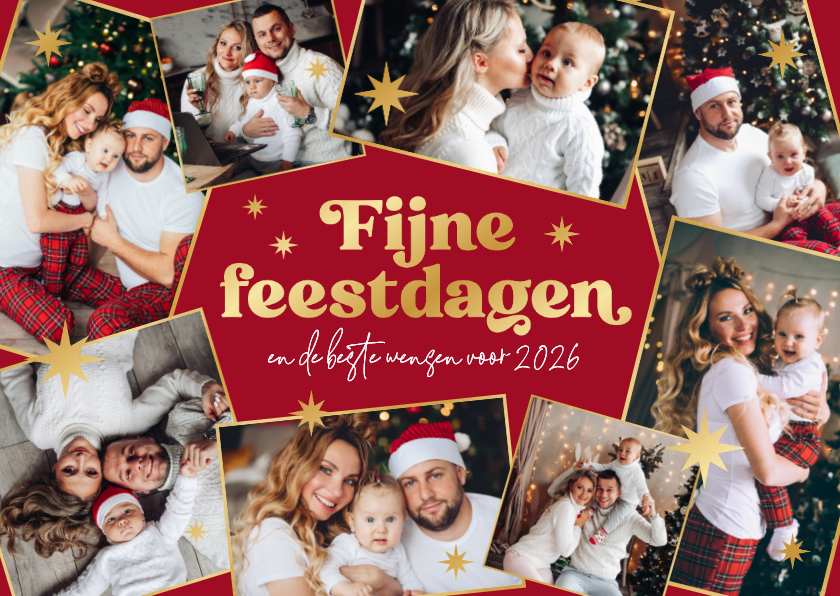 Kerstkaart fotocollage fijne feestdagen gouden sterren rood - Kerstkaarten Kerstkaarten - Kerstkaart fotocollage fijne feestdagen gouden sterren rood
