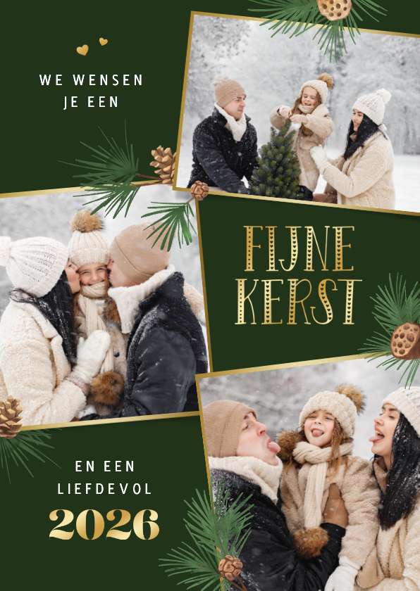 Kerstkaart fotocollage fijne kerst 2026 dennentakjes foto - Kerstkaarten Kerstkaarten - Kerstkaart fotocollage fijne kerst 2026 dennentakjes foto
