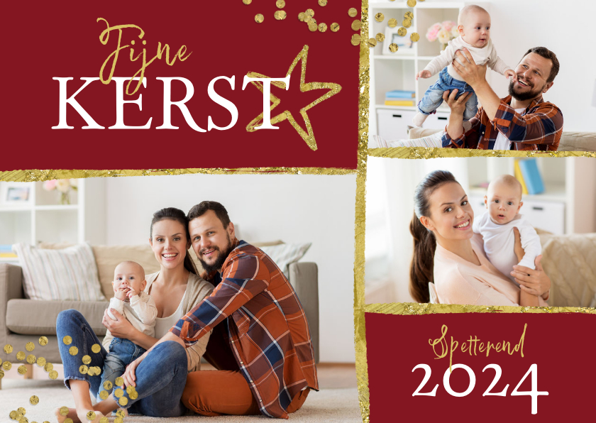 Kerstkaart fotocollage goud ster confetti - Kerstkaarten Kerstkaarten - Kerstkaart fotocollage goud ster confetti