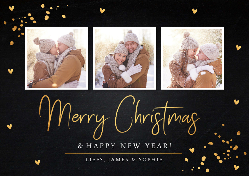 Kerstkaart fotocollage gouden confetti rechthoekig - Kerstkaarten Kerstkaarten - Kerstkaart fotocollage gouden confetti rechthoekig